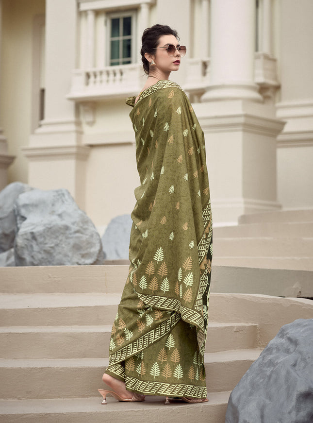 Mehendi Green Pure Mal Mal Silk Digital Print Saree