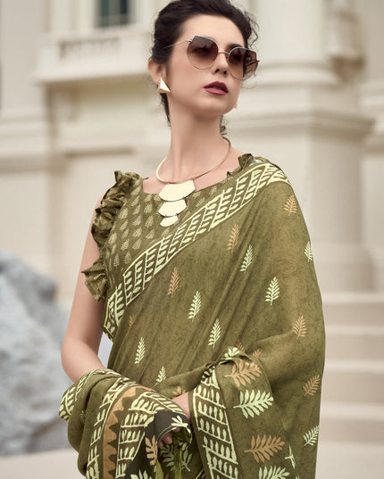 Mehendi Green Pure Mal Mal Silk Digital Print Saree