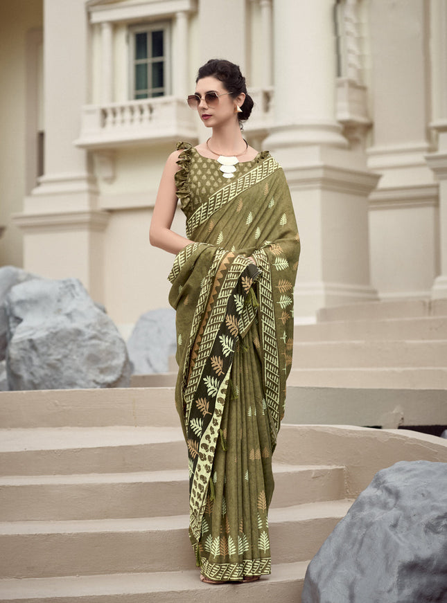 Mehendi Green Pure Mal Mal Silk Digital Print Saree