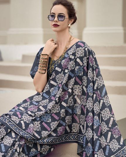 Charcoal Grey Pure Mal Mal Silk Digital Print Saree