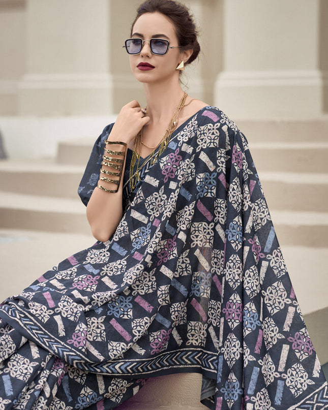 Charcoal Grey Pure Mal Mal Silk Digital Print Saree