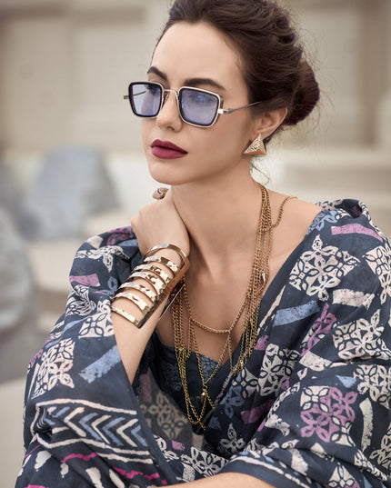 Charcoal Grey Pure Mal Mal Silk Digital Print Saree