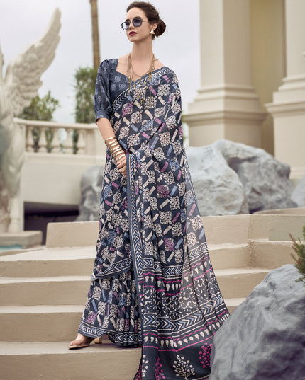 Charcoal Grey Pure Mal Mal Silk Digital Print Saree