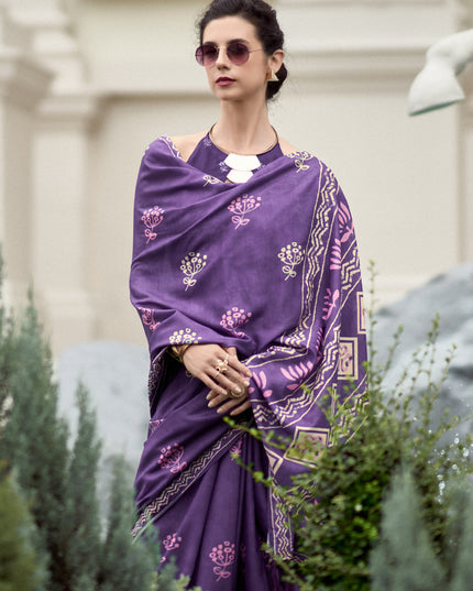 Purple Pure Mal Mal Silk Digital Print Saree