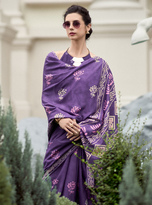 Purple Pure Mal Mal Silk Digital Print Saree