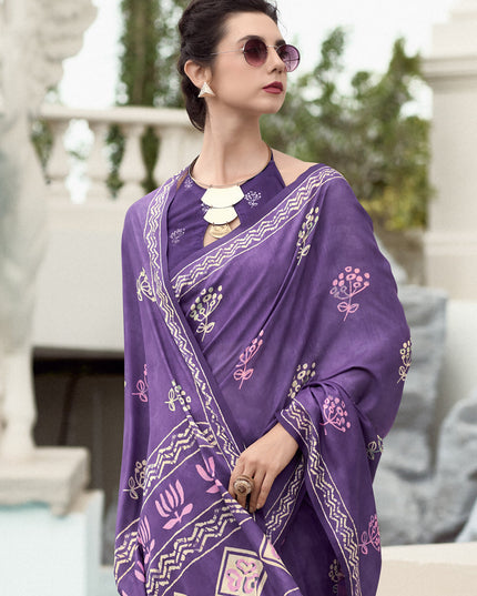 Purple Pure Mal Mal Silk Digital Print Saree