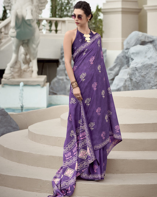 Purple Pure Mal Mal Silk Digital Print Saree