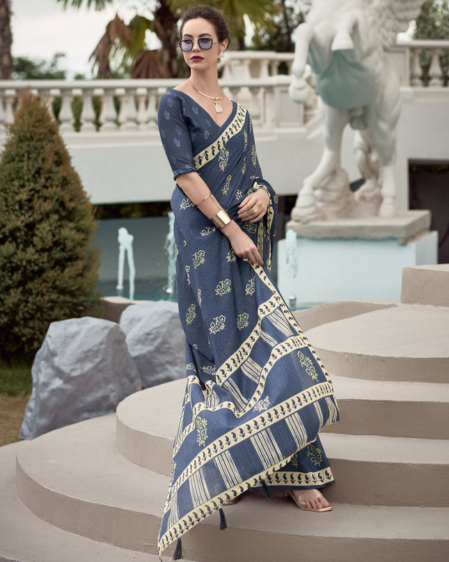 Slate Grey Pure Mal Mal Silk Digital Print Saree