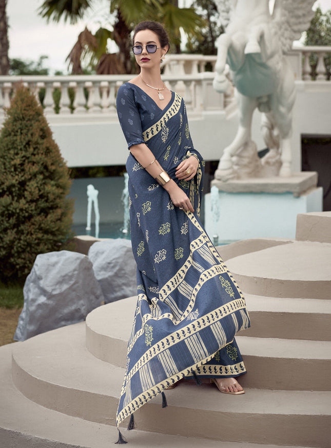 Slate Grey Pure Mal Mal Silk Digital Print Saree