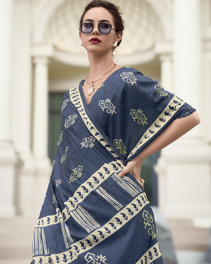 Slate Grey Pure Mal Mal Silk Digital Print Saree
