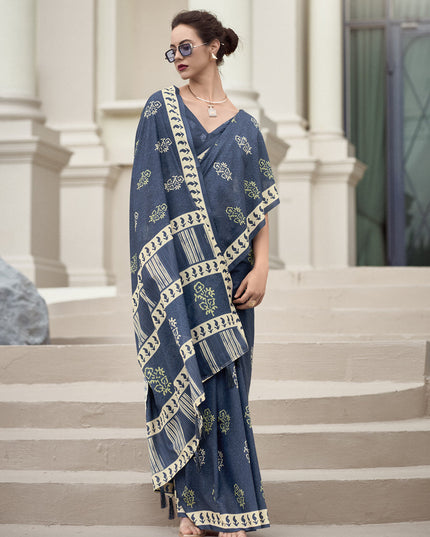 Slate Grey Pure Mal Mal Silk Digital Print Saree