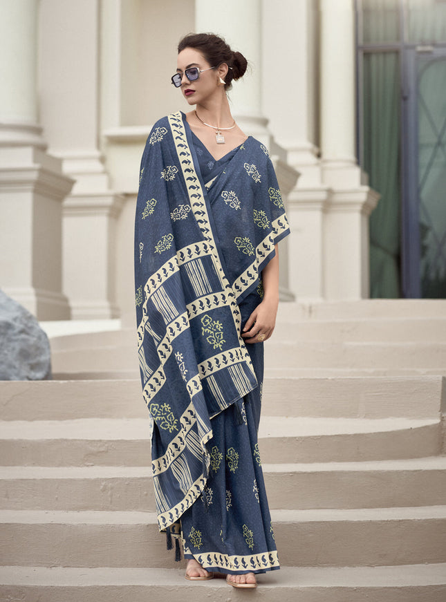 Slate Grey Pure Mal Mal Silk Digital Print Saree