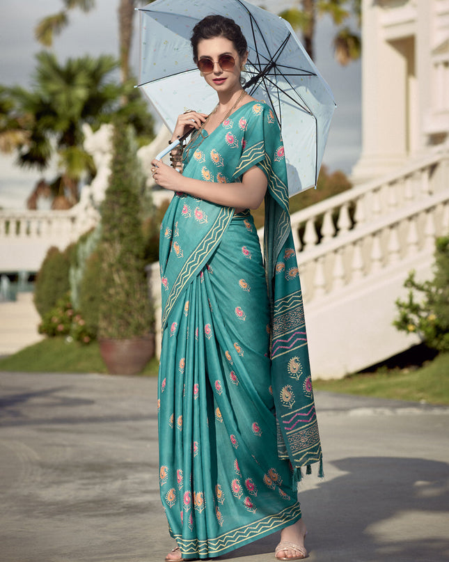 Rama Green Pure Mal Mal Silk Digital Print Saree