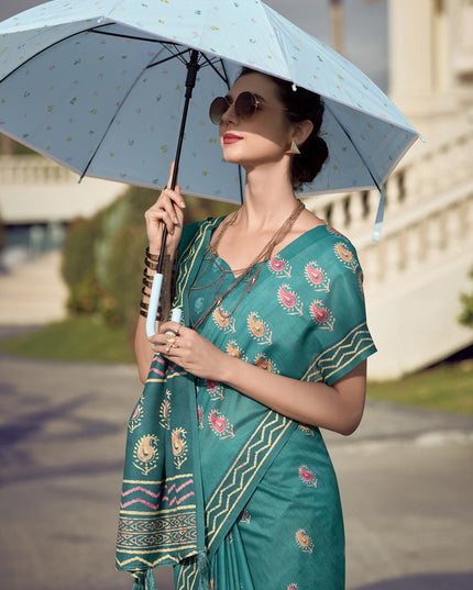 Rama Green Pure Mal Mal Silk Digital Print Saree