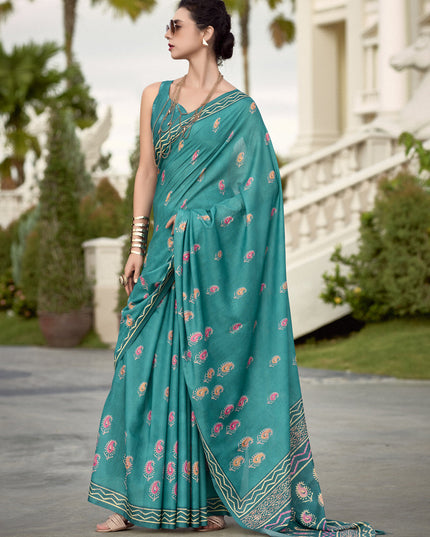 Rama Green Pure Mal Mal Silk Digital Print Saree