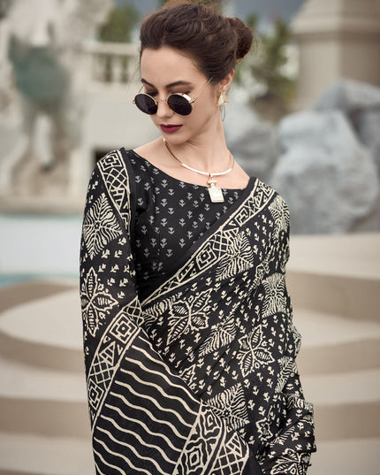 Black Pure Mal Mal Silk Digital Print Saree1