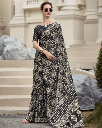 Black Pure Mal Mal Silk Digital Print Saree1