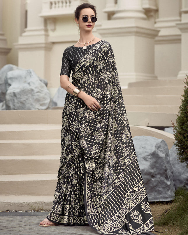 Black Pure Mal Mal Silk Digital Print Saree1