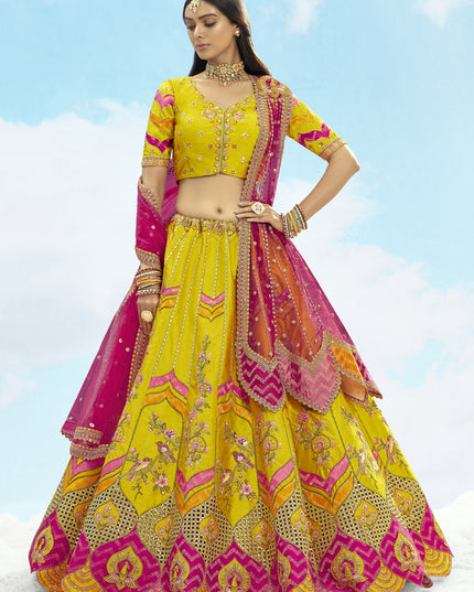 Mesmerizing Lime Yellow Silk Embroidered Designer Wedding Lehenga Choli Set