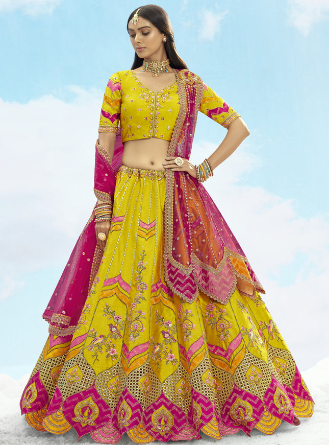 Mesmerizing Lime Yellow Silk Embroidered Designer Wedding Lehenga Choli Set