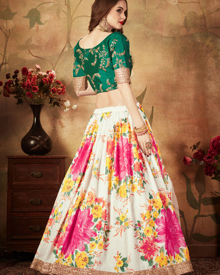 Voguish Off White and Green Organza Printed Wedding Lehenga Choli