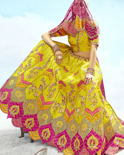 Mesmerizing Lime Yellow Silk Embroidered Designer Wedding Lehenga Choli Set
