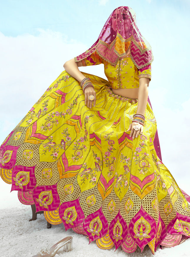 Mesmerizing Lime Yellow Silk Embroidered Designer Wedding Lehenga Choli Set