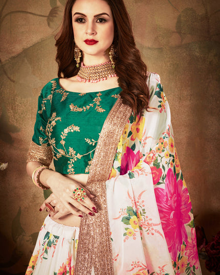 Voguish Off White and Green Organza Printed Wedding Lehenga Choli