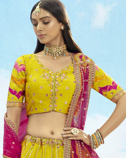 Mesmerizing Lime Yellow Silk Embroidered Designer Wedding Lehenga Choli Set