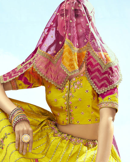 Mesmerizing Lime Yellow Silk Embroidered Designer Wedding Lehenga Choli Set