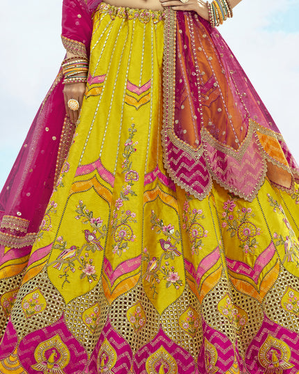 Mesmerizing Lime Yellow Silk Embroidered Designer Wedding Lehenga Choli Set
