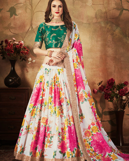 Voguish Off White and Green Organza Printed Wedding Lehenga Choli