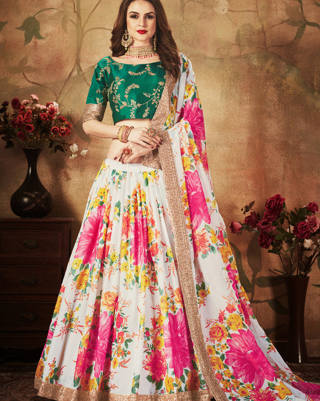 Voguish Off White and Green Organza Printed Wedding Lehenga Choli