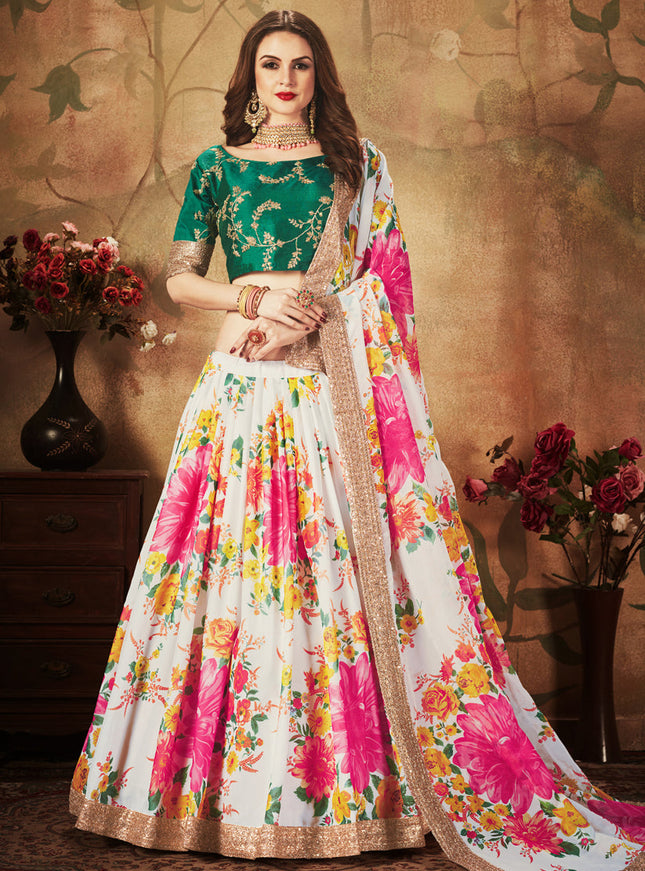 Voguish Off White and Green Organza Printed Wedding Lehenga Choli