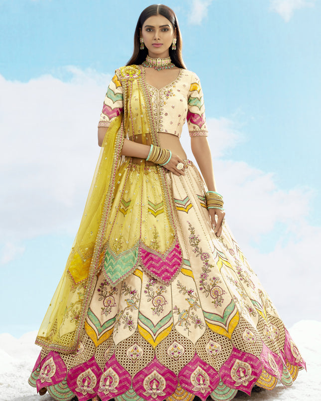 Fascinating Ivory Silk Embroidered Designer Wedding Lehenga Choli Set