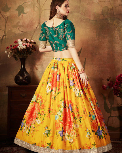 Opulent Yellow and Green Organza Printed Wedding Lehenga Choli