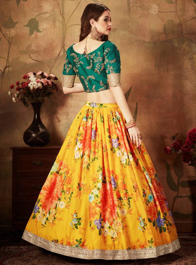 Opulent Yellow and Green Organza Printed Wedding Lehenga Choli