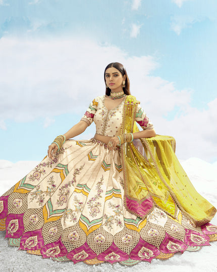 Fascinating Ivory Silk Embroidered Designer Wedding Lehenga Choli Set