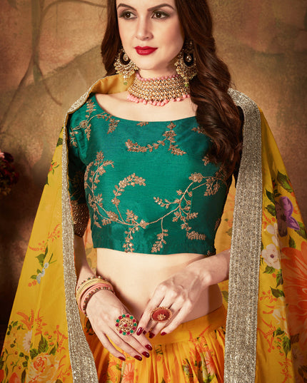 Opulent Yellow and Green Organza Printed Wedding Lehenga Choli
