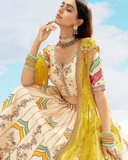 Fascinating Ivory Silk Embroidered Designer Wedding Lehenga Choli Set