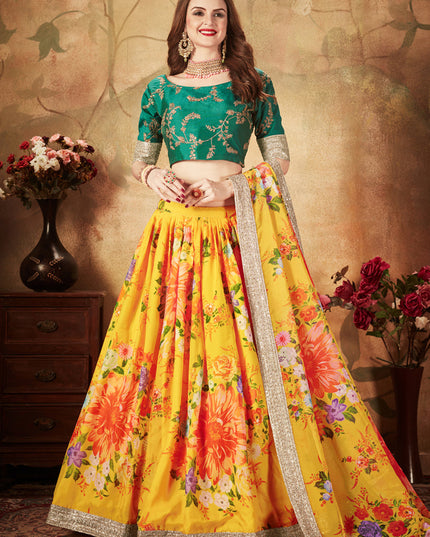 Opulent Yellow and Green Organza Printed Wedding Lehenga Choli