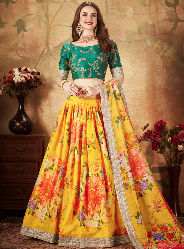 Opulent Yellow and Green Organza Printed Wedding Lehenga Choli