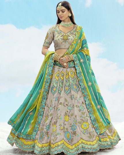 Elegant Ash Grey Silk Embroidered Designer Wedding Lehenga Choli Set