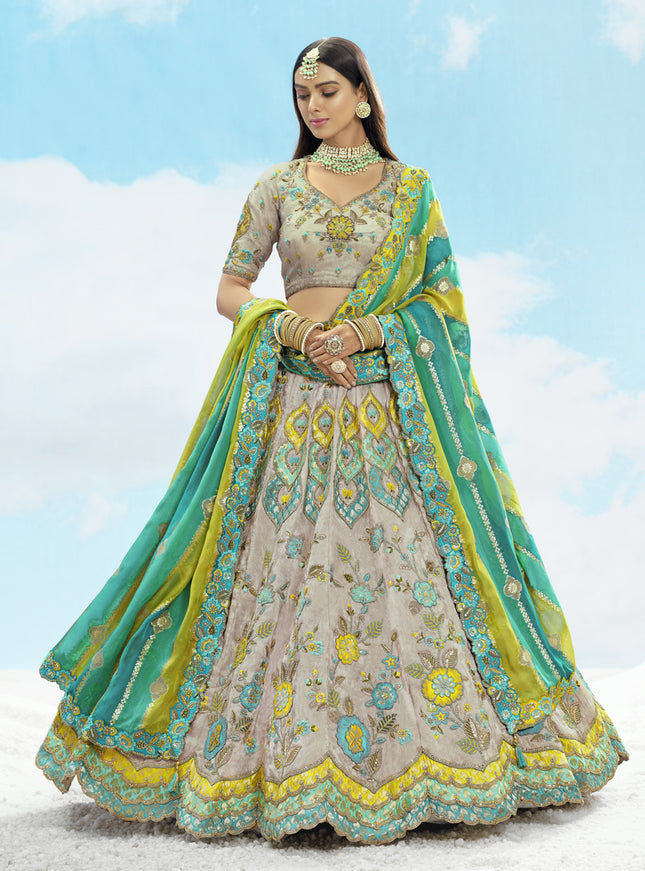 Elegant Ash Grey Silk Embroidered Designer Wedding Lehenga Choli Set