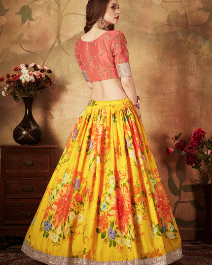 Striking Yellow and Orange Organza Printed Wedding Lehenga Choli