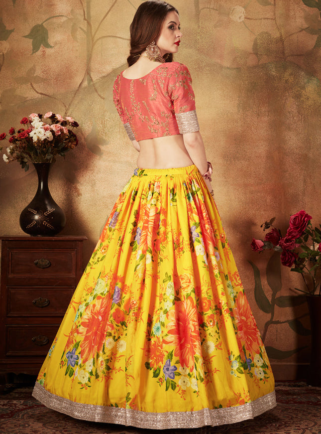 Striking Yellow and Orange Organza Printed Wedding Lehenga Choli