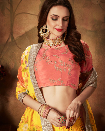 Striking Yellow and Orange Organza Printed Wedding Lehenga Choli