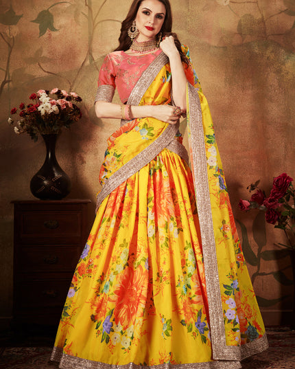 Striking Yellow and Orange Organza Printed Wedding Lehenga Choli