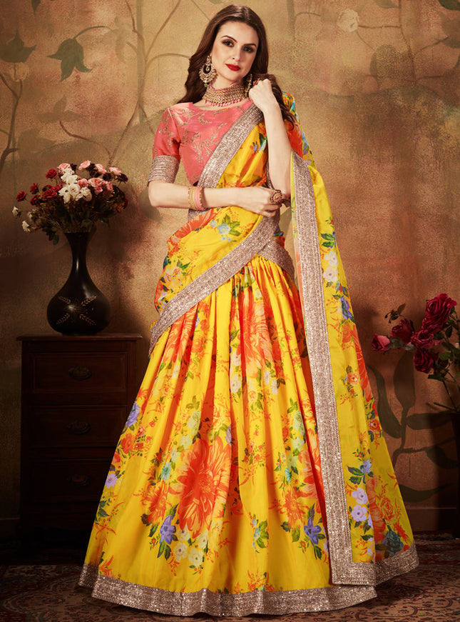 Striking Yellow and Orange Organza Printed Wedding Lehenga Choli