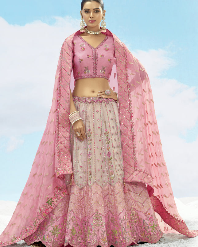 Ravishing Ash Grey and Rose Pink Silk Embroidered Designer Wedding Lehenga Choli Set